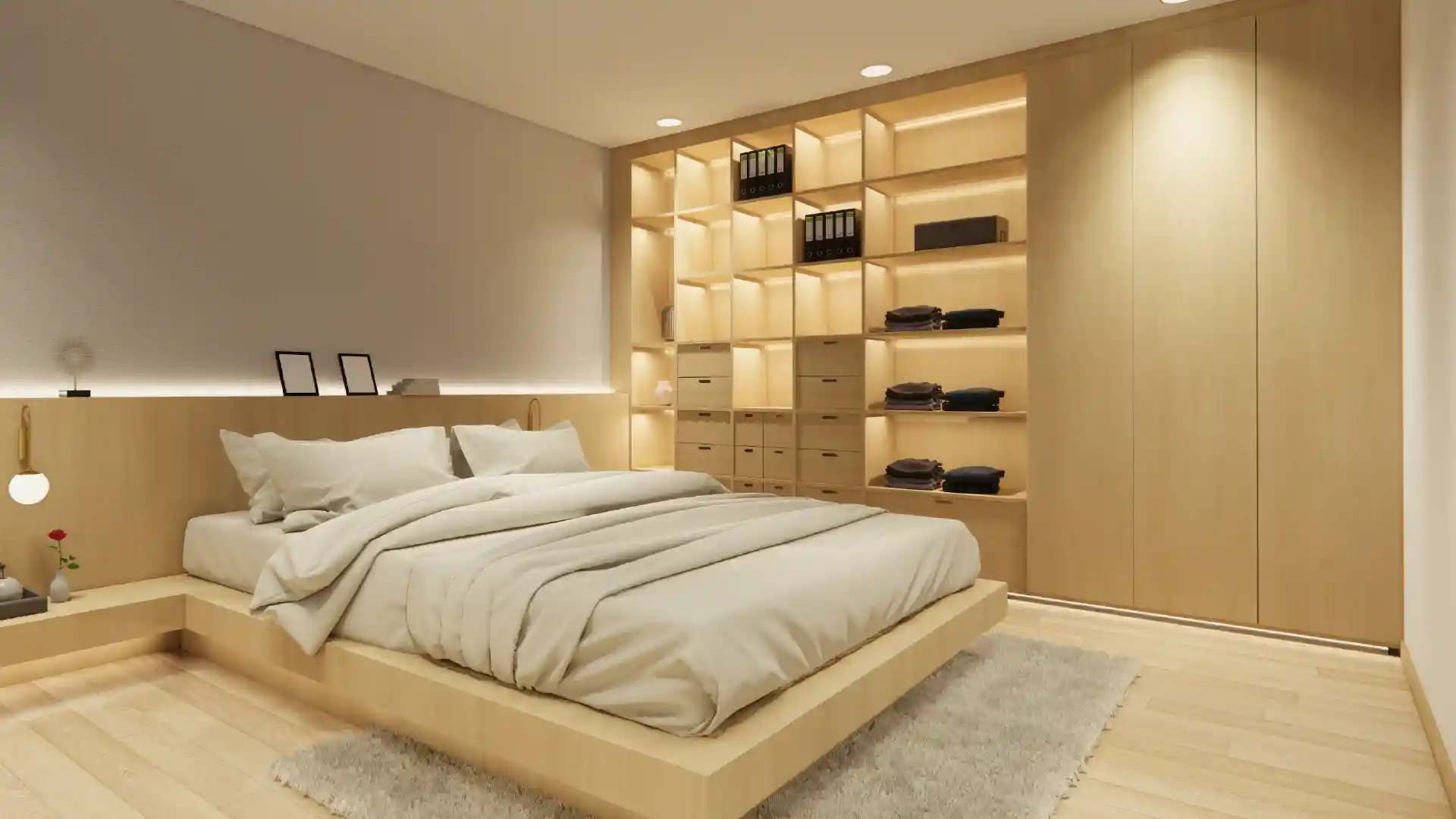 Ein holzgerahmtes Bett steht in einem modernen Schlafzimmer, begleitet von einem beleuchteten Regal voller Ordner und Kleidung. Der Raum hat einen minimalistischen Stil mit dezenten Wandleuchten.