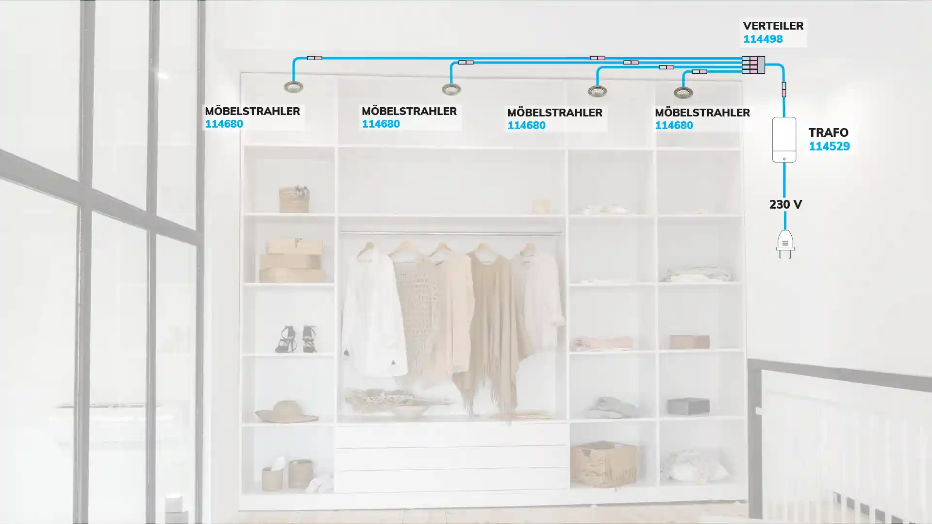 Ein offener Kleiderschrank mit hängenden, beige und cremefarbenen Kleidungsstücken vor weißen Regalen mit Schuhen, Körben und Schachteln in einem modernen Raum mit Holz- und Glaselementen.