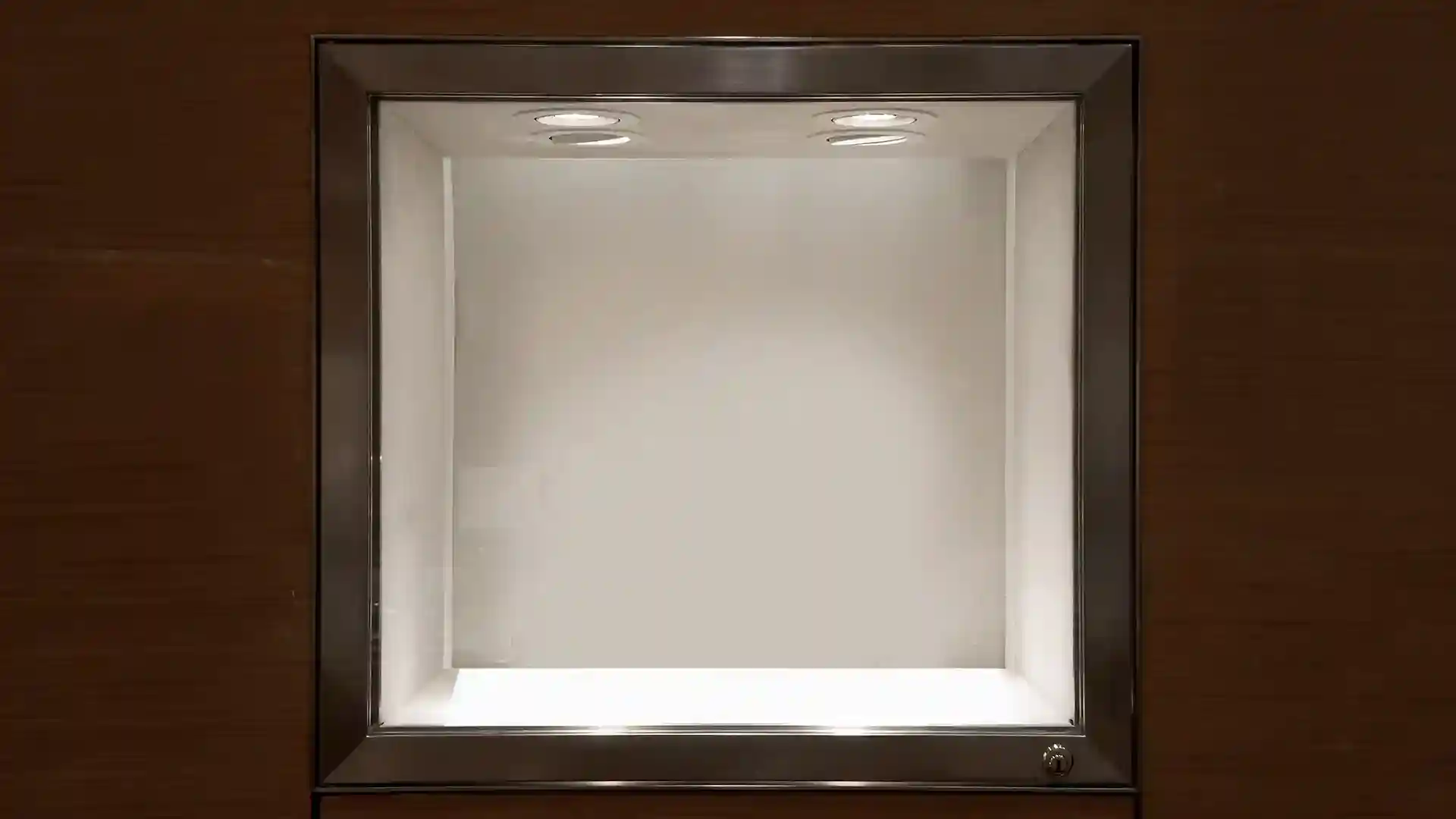 Ein leerer Glasschaukasten mit eingebauter Beleuchtung ist in eine Holzwand eingebettet.